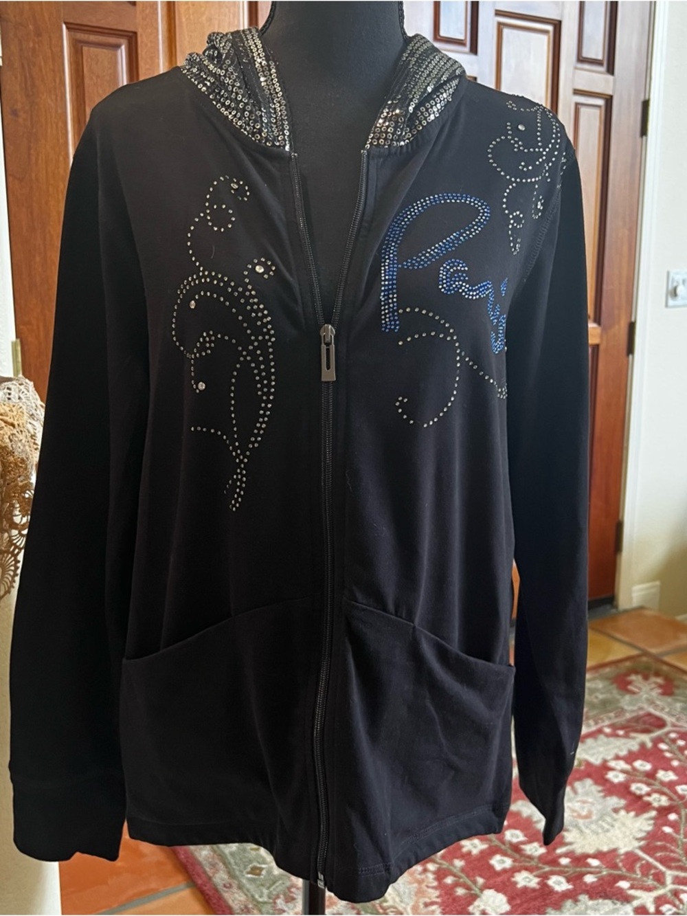 Onque Element Life Sequin Rhinestone Black Zip Up Hoodies Jacket Size L